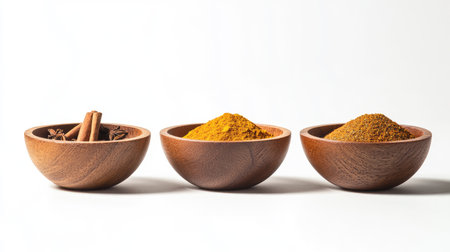 Artistic composition of wooden bowls filled with mixed spices, featuring cinnamon, oregano, and curry powder on whiteの素材