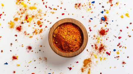 Rich and colorful paprika powder in a small wooden bowl, standing out vibrantly against a white background in close-upの素材
