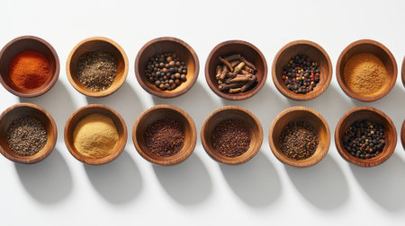 Artistic display of mixed spices in wooden bowls, symmetrically arranged on a bright white surface, minimal yet vibrantの素材
