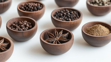 Close-up of small wooden bowls with star anise, dried basil, and curry powder, symmetrically arranged on a white surfaceの素材