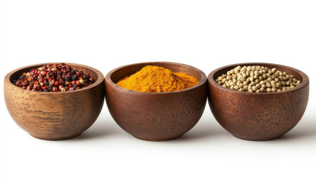 Vibrant spices in wooden bowls, featuring turmeric, red chili powder, and coriander seeds, isolated on a white backgroundの素材