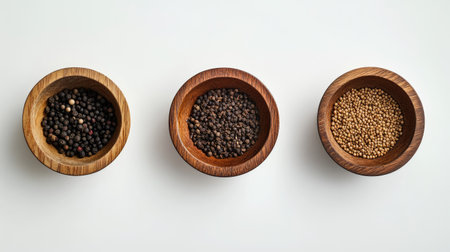 Symmetrical arrangement of spices in wooden bowls, featuring black pepper, oregano, and mustard seeds on a clean white surfaceの素材