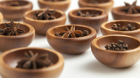 Close-up of small wooden bowls with star anise, dried basil, and curry powder, symmetrically arranged on a white surfaceの素材