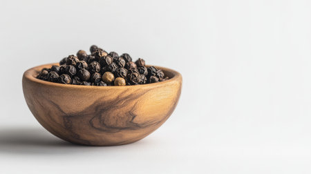 Close-up of black peppercorns in a small wooden bowl, their rich texture and natural tones highlighted on a white backgroundの素材