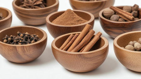 Close-up of wooden bowls containing cinnamon sticks, nutmeg powder, and cloves, placed symmetrically on a white backgroundの素材