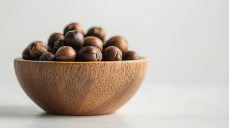 Fragrant cloves arranged neatly in a small wooden bowl, their natural texture and rich color enhanced by a clean white backgroundの素材