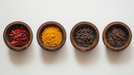 Vibrant spices like turmeric, red chili flakes, and cloves in rustic wooden bowls, symmetrically aligned on a white backgroundの素材