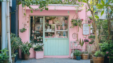 A charming pink storefront with vintage decorations and potted plants on either side.の素材