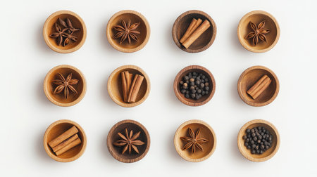 A symmetrical arrangement of small wooden bowls containing cinnamon, star anise, and black pepper on a white backdropの素材