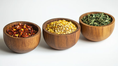 A detailed shot of spices in small wooden bowls, featuring dried basil, chili flakes, and curry leaves on a white backgroundの素材