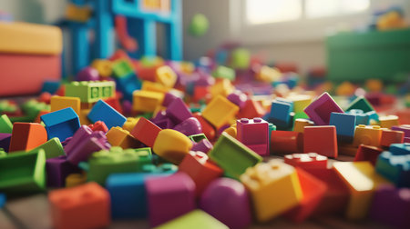 A pile of colorful plastic building blocks scattered on a playroom floor.の素材