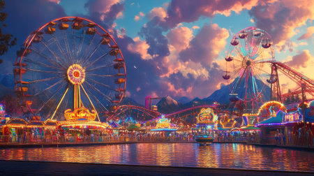 A lively carnival scene with colorful rides and flashing lights against the evening sky.の素材