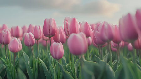 A field of pink tulips in spring, stretching toward the horizon under a cloudy sky.の素材