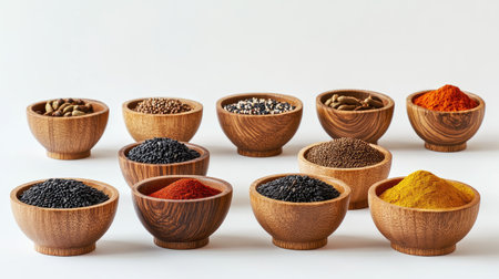 An artistic display of colorful spices in wooden bowls, including cloves, black sesame, and paprika, on a pure white backgroundの素材