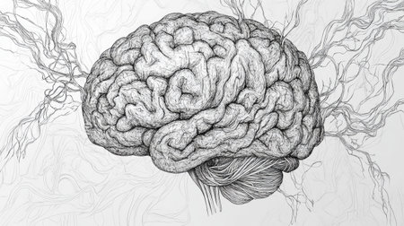 Abstract line art of a human brain with neural pathways symbolized by connected lines.の素材