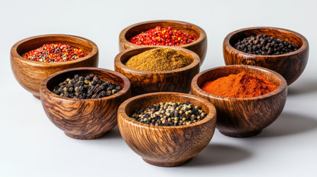 Brightly colored spices in rustic wooden bowls, elegantly placed on a plain white background, with even spacingの素材