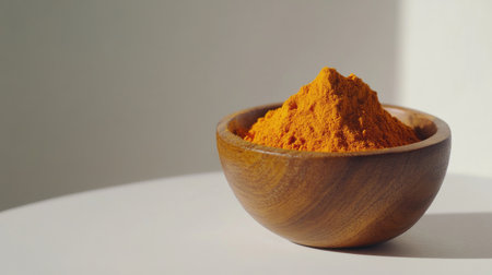 Aromatic turmeric powder in a small wooden bowl, its golden hue contrasting against a bright white background in a close-up viewの素材