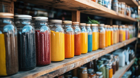 A market shelf displaying jars of colorful spices, neatly arranged in rows.の素材