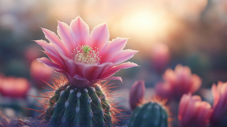 A pink cactus flower in bloom, surrounded by its green spines, in natural sunlight.の素材