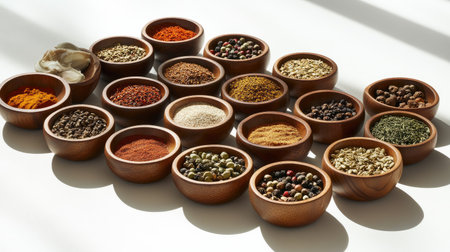 A collection of assorted spices in wooden bowls, neatly arranged on a plain white surface with shadows adding depthの素材