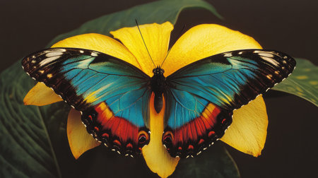 A close-up of a colorful butterfly resting on a bright yellow flower.の素材