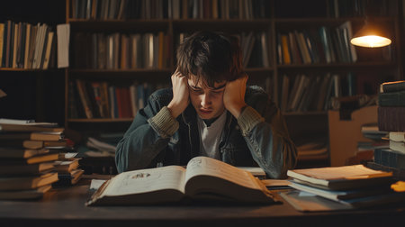 A student sitting at a desk, staring at books with a distressed expression, symbolizing academic stress and pressureの素材