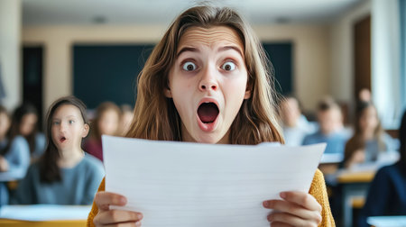 A student holding their test paper, mouth agape and eyes wide, expressing shock at the results in a classroom settingの素材