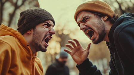 Close-up of two friends arguing, with one person furrowing their brow and the other throwing their hands up in frustrationの素材