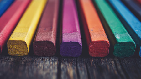 A close-up of colorful crayons arranged in a rainbow spectrum on a wooden table.の素材