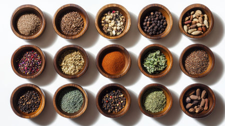Artistic display of mixed spices in wooden bowls, symmetrically arranged on a bright white surface, minimal yet vibrantの素材