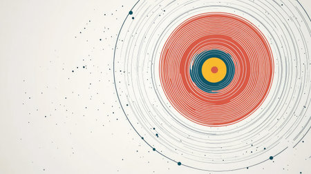 Clean line background with concentric circles radiating from a central point on a white background.の素材