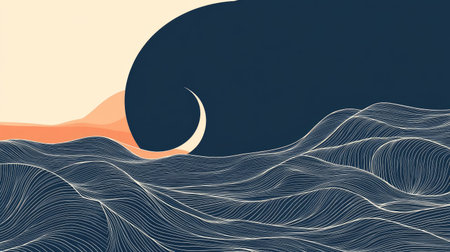 Abstract line art of waves and a crescent moon, symbolizing calm and serenity.の素材