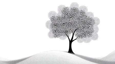 Clean line art of a tree with abstract, circular leaves symbolizing growth and nature.の素材