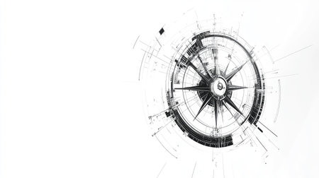 Abstract line art of a compass, symbolizing navigation and exploration, isolated on white.の素材