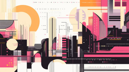 Geometric line art of a futuristic cityscape, featuring clean lines and abstract buildings.の素材