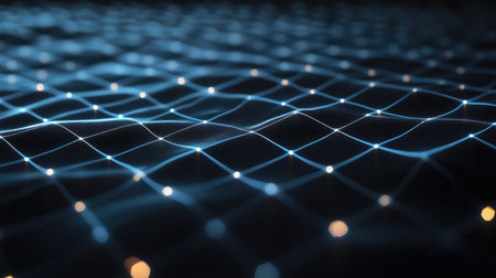 Futuristic line background with glowing neon lines forming a grid pattern on a dark background.の素材