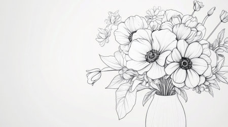 Line art of a flower bouquet in a vase, with delicate and intricate petal details.の素材