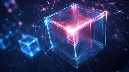 Futuristic line background with glowing lines forming 3D cube patterns in space.の素材