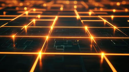 Futuristic line background with glowing neon lines forming a grid pattern on a dark background.の素材