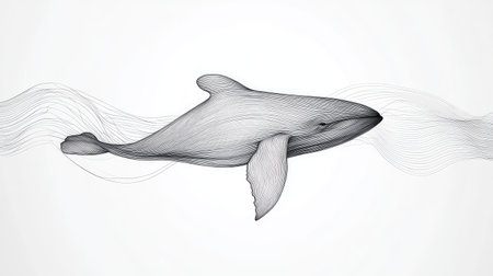 Minimalist line art of a whale swimming in the ocean, with smooth, flowing curves.の素材