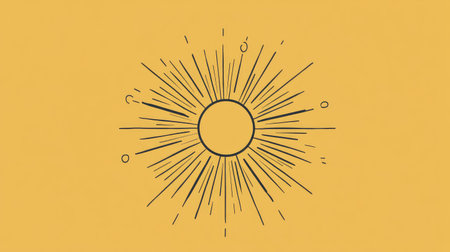 Minimalist line art of a sun with rays radiating outward in a simple, geometric style.の素材