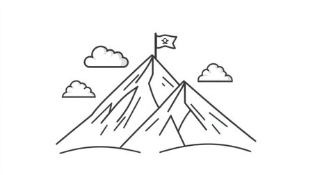 Minimalist line art of a mountain peak with a flag symbolizing achievement.の素材