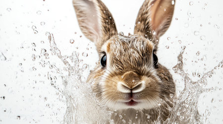 Cute close-up of a rabbit with wet fur and splashes of water frozen in action, showcasing its playful side on a white background.の素材