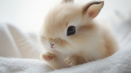 Adorable close-up of a baby rabbit with fluffy beige fur, tiny paws, and a curious gaze, on a white background.の素材