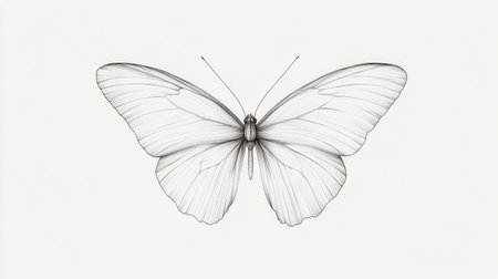 Minimalist line art of a butterfly with symmetrical wings on a plain white background.の素材