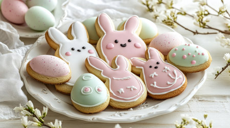Bunny-shaped cookies decorated with icing, arranged neatly with pastel Easter eggs on a white plate.の素材