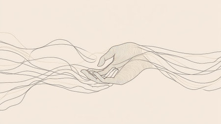Line art of intertwined hands symbolizing connection and unity, drawn in a minimalistic style.の素材