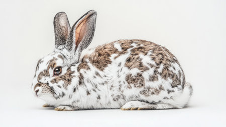 Close-up of a spotted rabbit with a mix of brown and white fur, sitting calmly against a pure white background.の素材