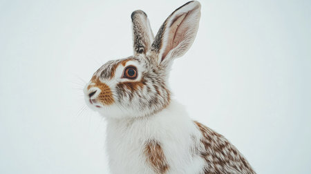 Close-up of a spotted rabbit with a mix of brown and white fur, sitting calmly against a pure white background.の素材