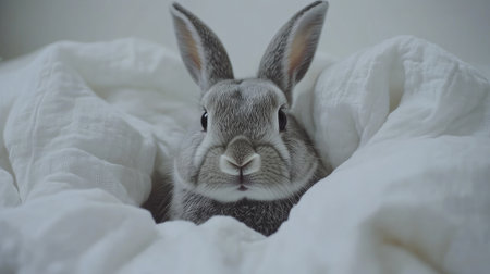 Close-up of a gray rabbit with a twitching nose and soft fur, looking straight at the camera on a white background.の素材